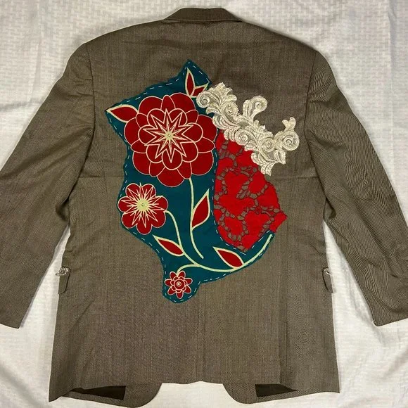 Upcycled Embellished Ankara/Sequin Lace/Rhinestone Blazer Wool M - Picture 2 of 11
